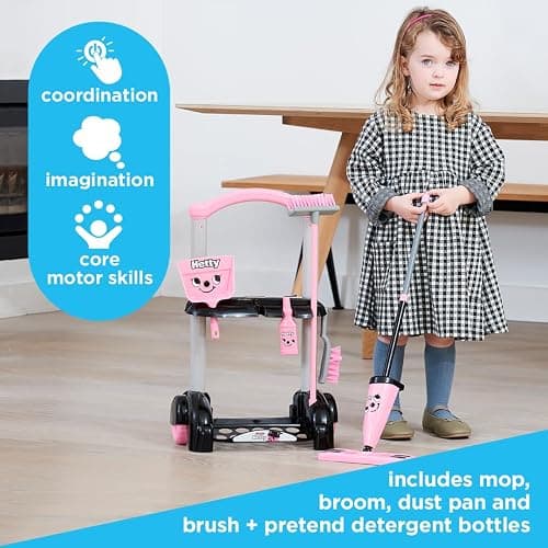 Casdon Henry & Hetty Toys - Hetty Cleaning Trolley - Pink Hetty-Inspired Toy Playset with Mop, Brushes, Dustpan, & Accessories - Kids Cleaning Trolley Set - For Children Aged 3+ thumbnail 4