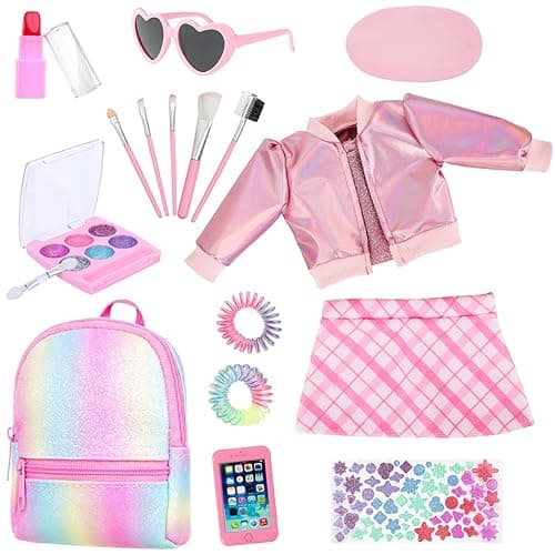 Ecore Fun 17 Pcs American 18 Inch Doll Accessories Cosmetic Set with Backpack & Outfits | Pretend Play Makeup Kit for 18" Dolls | Includes Lipstick, Eyeshadow, Brushes, Accessories & Stylish Clothes