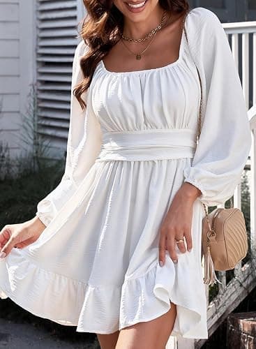 Dokotoo Womens Dress Long Lantern Sleeve Square Neck Tie Backless Sexy Dress Ruffle Elastic Waist A-Line Mini Dress thumbnail 3