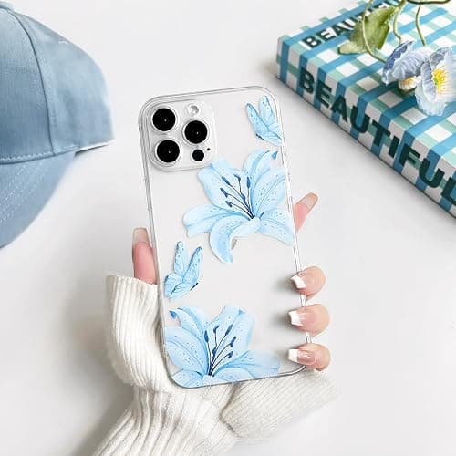 NITITOP Compatible with iPhone 12 Pro Case Clear Cute Butterfly Lily Flower Floral Pattern for Women Girls Full Camera Lens Clear Slim Shockproof Protective Phone Cover - Blue thumbnail 4