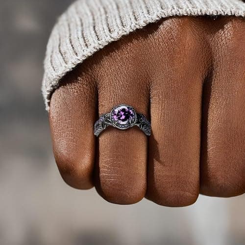 Tsnamer Gothic Black Rings for Women, Mystic Rainbow Topaz with Created Amethyst Flower Goth Black Gold Wedding Engagement Ring Size 6 to 11 thumbnail 2
