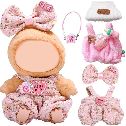 5Pcs Clothes & Accessories for 17cm Dolls, Includes Pink Overalls Bow Hair Clip Camera Bag Hat for Girls Kids Birthday (No Doll) - Image 1