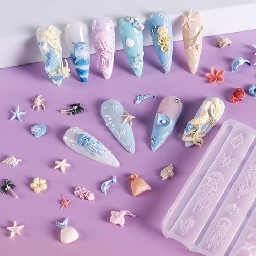 Laza 4pcs Ocean Silicone Nail Art Molds Multiple Mermaid Starfish Nail Mold | Reusable Nail Molds for Nail Art,Good Elasticity,3D Nail Mold, Seashell Jellyfish Beach Nail Charms Molds with Scraper & Pen thumbnail 4