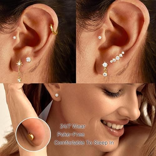 Incaton 20G Cartilage Piercing Jewelry Flat back Helix Earrings for Women Hypoallergenic Surgical Steel Gold Cartilage Hoop Earring Set Daith Tragus Conch Flat Back Stud Earrings thumbnail 5