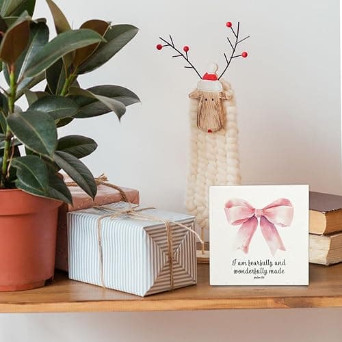 OVAcational Coquette Pink Christian Bow Wooden Signs,Coquette Room Decor,Christian Religious Wooden Box Sign,Pink Bow Room Decor For Girls Dorm Desk Shelf Tabletop Decoration 5x5 Inches thumbnail 2