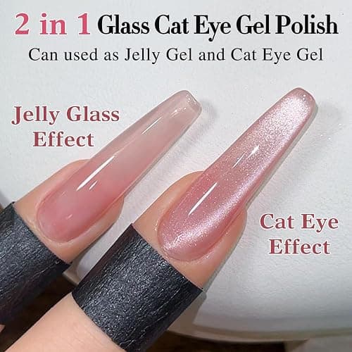 Double Rhythm Jelly Glass Cat Eye Gel Polish with Magnet 15ML Holographic Glitter Shimmer Translucent Sheer Color Magnetic Polish Salon DIY at Home (Jelly Pink Orange-MC1102) thumbnail 3