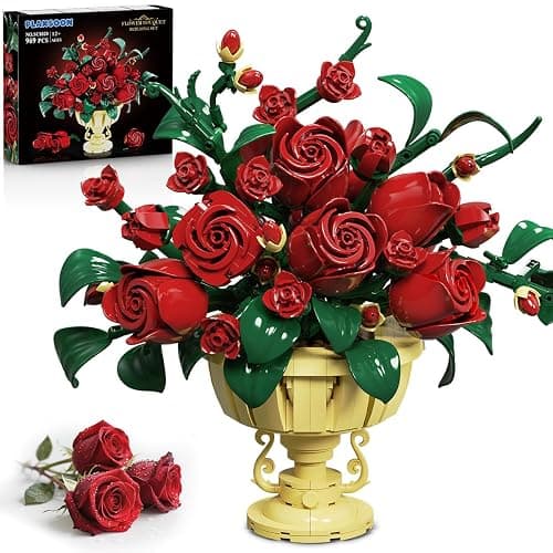 PLAXSOON Rose Flower Building Set, 969 PCS Botanicals Flowers Bouquet Building Block Kit with Pot, Artificial Bonsai Plant Collection Office Home Decor, Birthday Gift for Adults Women Boys Girls 12+ - Image 1