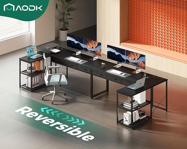 AODK 61 Inch L Shaped Computer Desk with Drawers, Corner Desk with Power Outlets & Reversible Storage Shelves, for Home Office Gaming, Black thumbnail 7