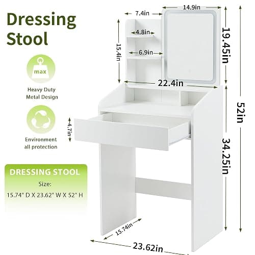 Dowinx Makeup Small Vanity Desk with Mirror and Lights, Makeup Vanity with Drawer & Storage Shelves, Makeup Desk with 3 Lighting Modes & Adjustable Brightness, Dressing Table for Women Girls Bedroom thumbnail 2