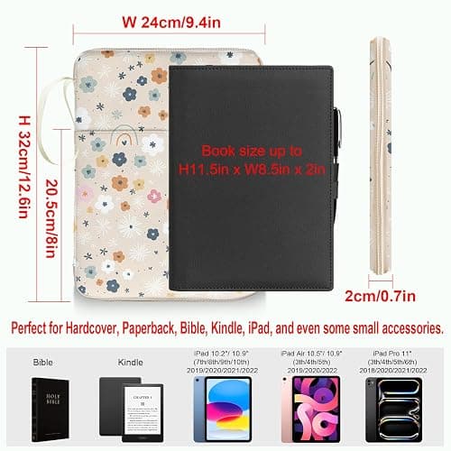 QRZIQRZ Rainbow Book Sleeve Pouch with Zipper, Paperback Book Protector Case,PU Leather Waterproof Book Pouch,Cute Floral Print Travel Book Carrying Case for Book Lovers Women,Book Cover for Hardcover - Cute Rainbow Floral thumbnail 2
