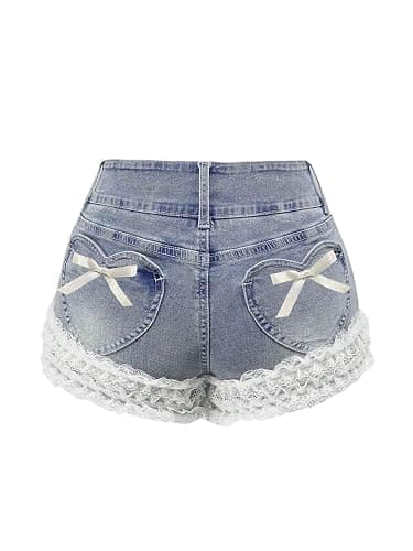 WDIRARA Women's Bow Knot Lace Trim Denim Shorts Y2k mid Waisted Jean Shorts with Pockets - Image 1