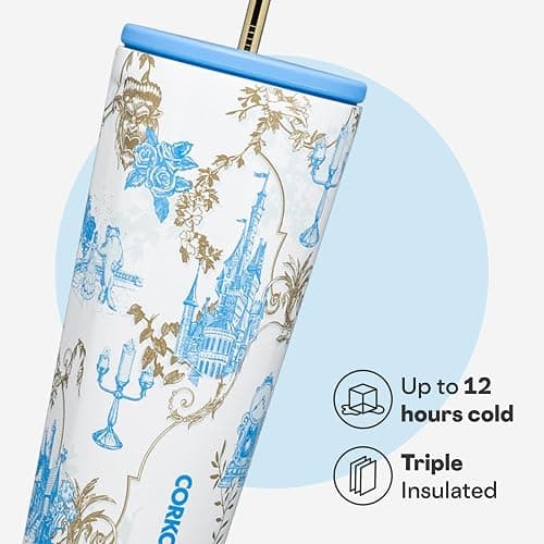 Corkcicle Disney Princess Cold Cup - Keeps Drinks Cold for 12 Hours - Triple-Insulated Stainless Steel - Straw & Screw-On Lid - Summer Drinkware Gift - Keeps Drinks Ice Cold - 24 oz - Belle thumbnail 3