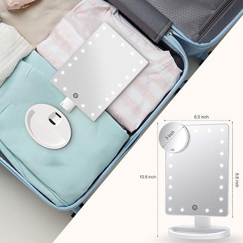 FASCINATE Makeup Vanity Mirror with Lights and Detachable 10X Magnification, 21 Led Lights Adjustable Dimming Touch Sensor, Dual Power Supply, 180° Rotation, Portable Cosmetic Mirror(White) thumbnail 5