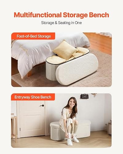 VEVOR Oval Storage Ottoman Bench, Foldable Teddy Fleece End of Bed Bench, Folding Upholstered Bed Ottoman Chest with Large Storage Space, Supports 660 lbs, for Living Room, Bedroom, Entryway, Beige thumbnail 5