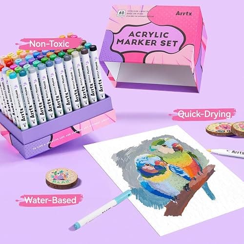 Arrtx 60 Colors Paint Markers Pens, Acrylic Paint Pens for Artists Adults Coloring Drawing Cartoon Anime Comic - Brush Tip for Rock Painting, Wood, Canvas, DIY Crafts Making Art Supplies-60B thumbnail 5