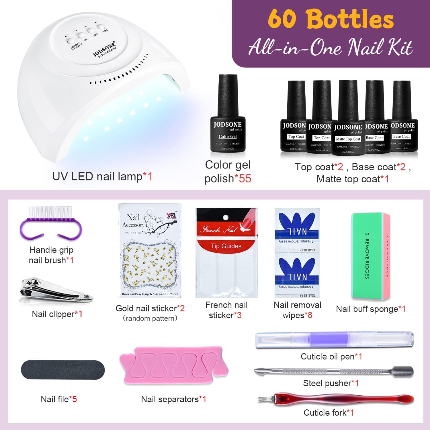 JODSONE 60 PCS Gel Nail Polish Kit with U V Light Base and Matte Glossy Top Coat Nail Gel Polish Soak off Manicure Accessory Tools Suitable for All Seasons…… thumbnail 2