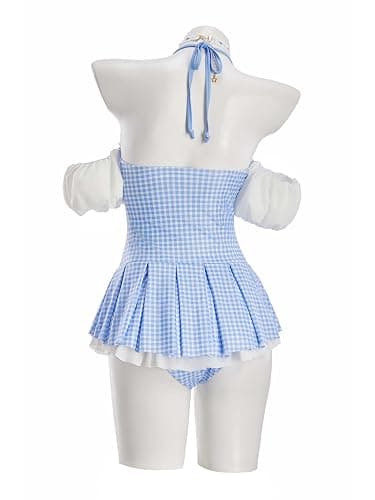 haikyuu Women Retro Swimsuit Blue Checkered Tummy Control One Piece Swimsuit Cute Swimwear thumbnail 5