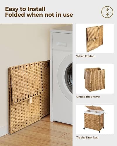 Greenstell Laundry Hamper with Wheels, No Install Needed, 110L Divided Handwoven Hampers & 2 Removable Liner Bags, Synthetic Rattan Clothes Laundry Basket with Lid & Handles, Foldable Hampers Natural thumbnail 8