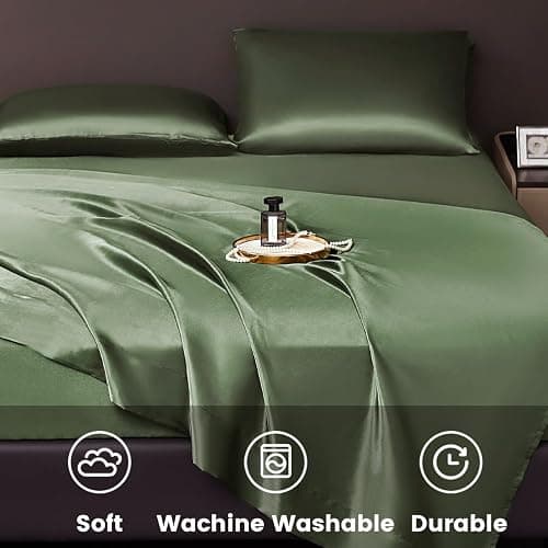 Revdomfly 4 Pcs Full Size Luxury Silky Soft Olive Green Satin Sheet Set,1 Premium Moisture Wicking Fitted Sheet Fits Up to 16 Inches Deep Pocket + 1 Flat Sheet + 2 Pillowcases（Olive Green, Full） thumbnail 8