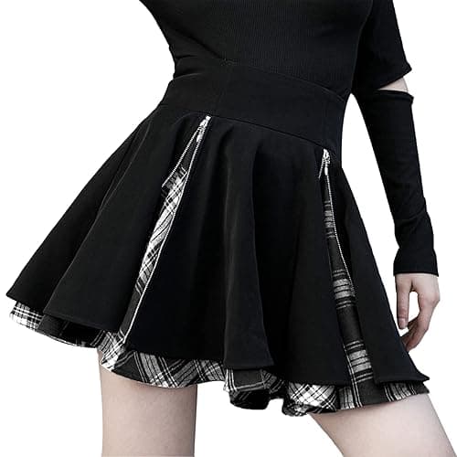 Kisidoo Gothic Skirts Cute High Elastic Waisted Plaid Kilts for Women Trendy Hem Flared Knee Length Mini Skater Skirt - Image 1