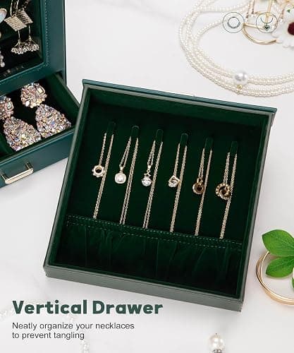 Homde Jewelry Organizer Girls Women Jewelry Box for Necklaces Rings Earrings Christmas Gift Bracelets Storage Case (Forest Green + Gold) thumbnail 2