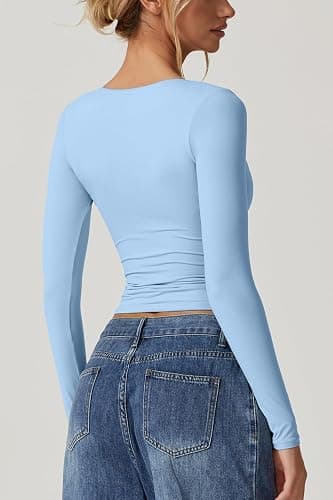 QINSEN Women's Long Sleeve V Neck T Shirts Double Lined Crop Top Seamed Cup Going Out Tops thumbnail 2