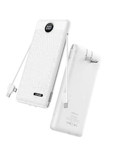 VRURC 10000mAh Portable Phone Charger, Built-in AC Plug & Cables, White | 22.5W fast charging, LED display, built-in Micro/USB-C/Phone cables, airline approved travel accessory,8 oz - Image 1