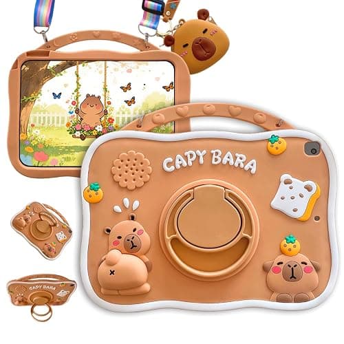 YOUSIDUN Capybara Kids Case for iPad 9th Gen(2021) / 8th Gen(2020) / 7th Gen(2019) 10.2 Inch,3D Cute Silicone Cartoon Cover for Boys with Rotating Stand, Adjustable Strap, Capybara Zipper Pouch- Beige - Image 1