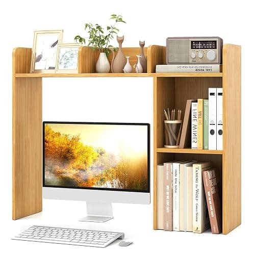 Tangkula Desktop Bookshelf, Countertop Storage Hutch with Shelves for Computer Desk, Desk 3-Tier Display Rack, Multipurpose Wood Desktop Hutch Storage Organizer for Dorm Office - Image 1