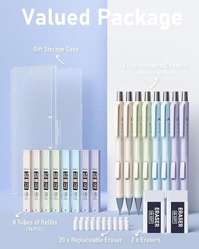 Nicpro 8PCS Pastel Mechanical Pencil 0.5 & 0.7 mm, Cute Fast Click Mechanical Pencils Set with 8 Tubes HB Lead Refills, Erasers for Drafting, School Student Writing, Drawing, Sketching -with Case thumbnail 7