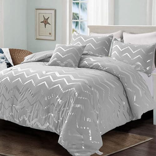 Grey Metallic Silver Duvet Cover Set with 2 Pillowcases Soft Microfiber Geometric Striped Bedding Set,King Size 220x230 cm - King Size 220x230cm - Gray thumbnail 2