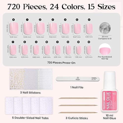 Beetles Press On Nails Kit - Bubble Pop | 720Pcs 24 Colors Short Square Press On Nails | 15 Sizes French Glossy Glitter With Nail Glue & Nail Tabs Stickers, Fake Nails Kit Art For Women thumbnail 6
