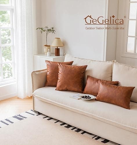 GEGELICA Faux Leather Throw Pillow Covers 18X18 Inch Set of 2 Brown Outdoor Modern Farmhouse Solid Decorative Pillow Covers for Room Couch Living Bedroom Bed Sofa thumbnail 8