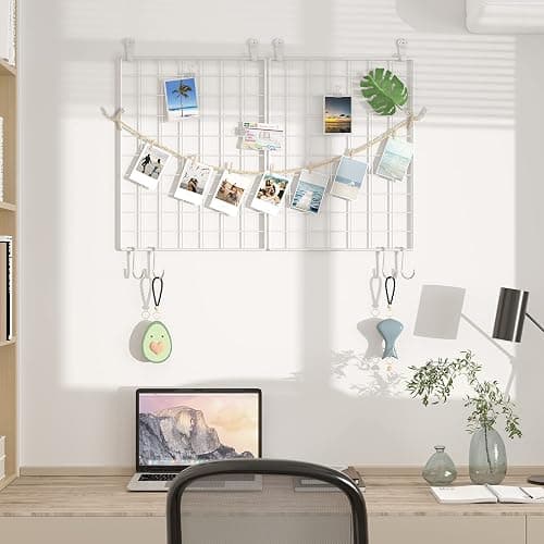 C&AHOME Photo Wall Display Set of 2, Grid Panel with Hooks, Clips, Hemp Cord, Hammer - 15.7" x 11.8", White UWWGM3402W thumbnail 4
