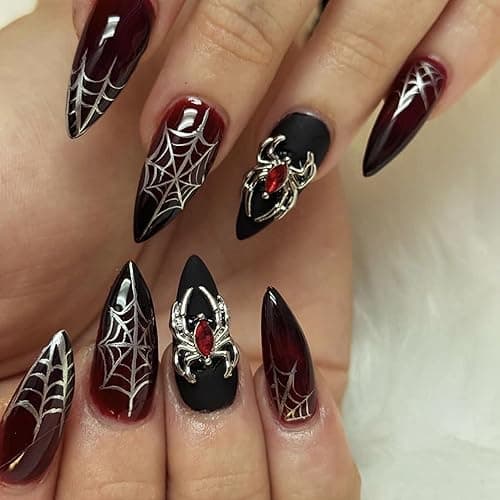 MERVF Almond Press on Nails Medium Fake Nails Red Black French Tip Ombre Glue ons 3D Spider Rhinestones Press ons Stiletto Acrylic False Nail with Web Design Glossy 24pcs - Image 1