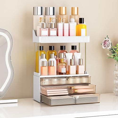 caktraie Bathroom Organizers and Storage - 3 Drawers 2 Tier Makeup Organizer, Cosmetic Storage Drawer for Dresser Countertop and Bathroom Vanity for Large Skincare, Perfume, Amber thumbnail 7