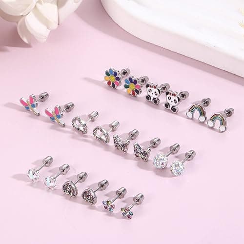 Finrezio Hypoallergenic Earrings for Girls Women Surgical Steel Screw Back Earrings Cute Earrings Girls Earrings Ages 8-12 Hypoallergenic Screwback Stud Earring Set thumbnail 6