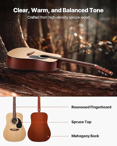 VEVOR Dreadnought Acoustic Guitar, 41 in, 6-String Natural Solid Spruce Top Guitar, Beginner Bundle with Gig Bag, Tuner, Strap, Strings, Picks, Capo, Rosewood Fingerboard, for Adults Taller Players thumbnail 2