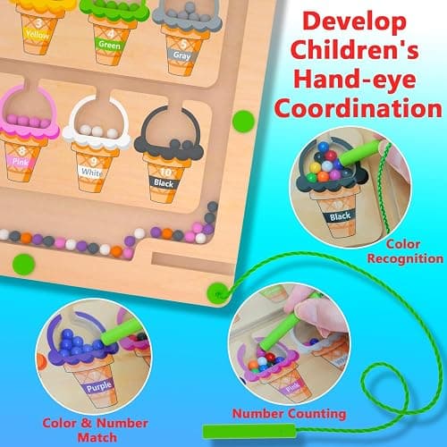 MTYOKILN Magnetic Color & Number Maze - Montessori Wooden Color Matching Learning Counting Puzzle Board - Toddler Fine Motor Skills Toys for Boys Girls 3 4 5 Years Old thumbnail 5