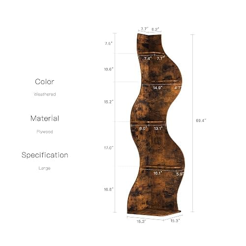 YOWOS Modern Corner Shelf, 5 Tier High Corner Bookshelf for Small Spaces, Scalloped Corner Bookshelf and Storage, Wooden Display Stand for Plants, Books and Decorations (Rustic) thumbnail 2