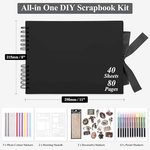 DazSpirit DIY Scrapbook Photo Album with Ribbon, 80 Pages/40 Sheets Scrap Book Rectangle Hardcover Photo Book, With 12 Marker Pens & 7 Stickers, Ideal for Scrapbooking, Arts, Crafts and DIY, Black thumbnail 2