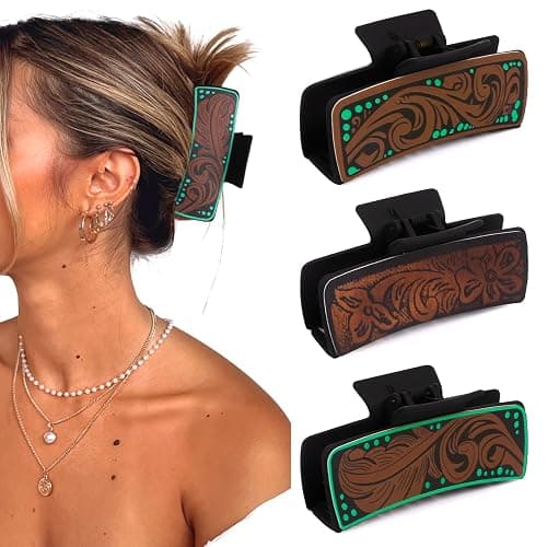 Tobeffect Hair Clips for Women, 4" Western Large Leather Claw Clips for Thick Long Hair, Aesthetic Cowgirl Stuff Gift for Women Girls, Strong Hold Hair Clips - 3 Count thumbnail 5