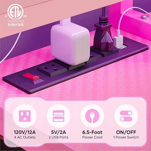 Bestier 71.5 inch Gaming Desk with Power Outlet, Large LED Computer Desk with Monitor Stand, L Shaped Desk with Storage Shelf, Cup Holder & Headset Hooks, Corner Gamer Desk for Bedroom Pink thumbnail 5
