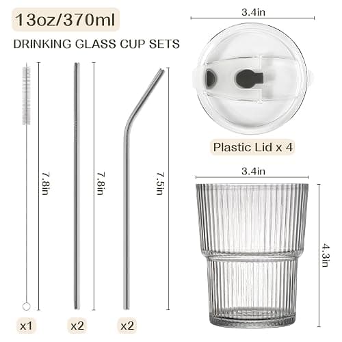 AUFXKOO 13oz Iced Coffee Cups,4Pcs Glass Cups with Lids and Straws Drinking Glasses,Clear Ribbed Glassware,Reusable Tumbler Glass to Go Cup for Matcha, Iced Tea,Juice thumbnail 3