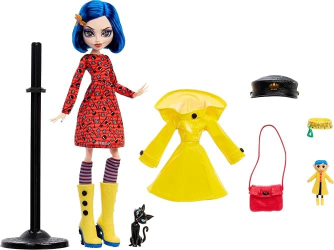 Monster High Skullector Doll, Coraline Collectible in Yellow Raincoat with Dress and Accessories Like Rag Doll, Cat Figure, and Doll Stand thumbnail 6