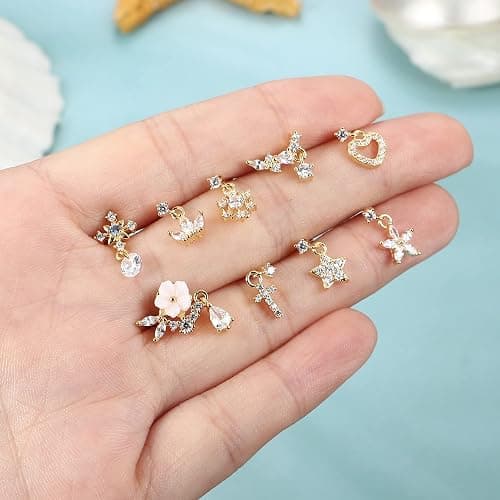 ORAZIO 9 PCS Dangle Nose Rings - L Shaped for Women, 20G Stainless Steel Nose Rings Studs with CZ Cross, Crown, Flower, Heart Dangling Piercing Jewelry - L-Gold Tone thumbnail 6