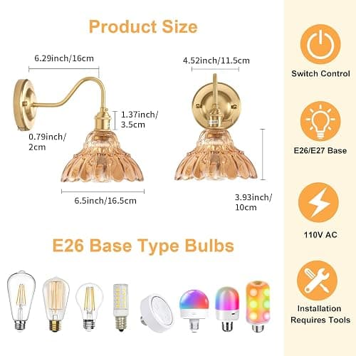 Shenmoyl Battery Operated Wall Sconce Set of 2, Vintage Rechargeable Wall Lights with Amber Lily Glass Shade, Wireless Indoor Wall Lamp with Remote for Bedroom Living Room Bathroom thumbnail 8