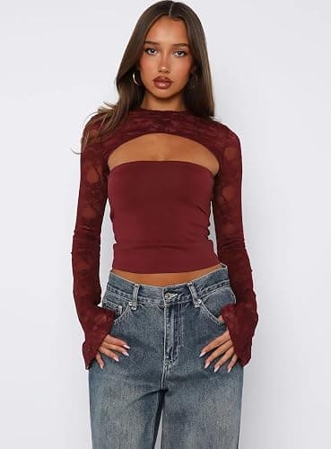 FWBBG Womens Sexy 2 Piece Mini Skirt Set Long Sleeve Lace Cutout Top Double Lace Mini Bodycon Skirt Y2K Going Out Outfits thumbnail 4
