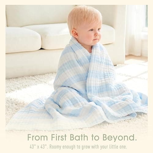 HardNok Organic Muslin Baby Bath Towel Blanket 5-Pc Gift Set - Blue Stripe | Features 41-43" 6-layer blankets, three washcloths newborn to toddler crib or stroller; curated shower registry gift for boys thumbnail 3