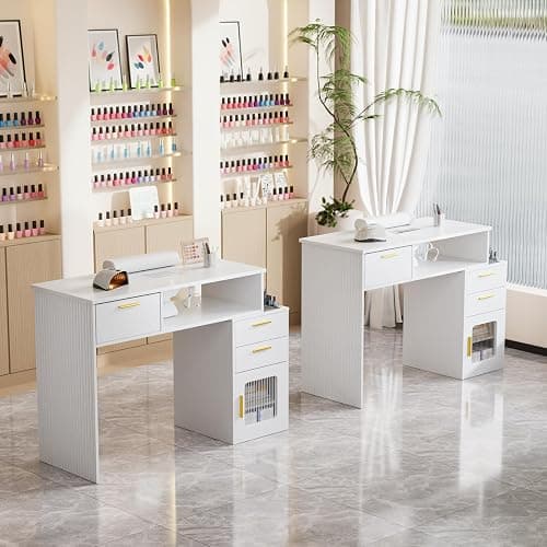 OmySalon Nail Desk with Ribbed Design & Electric Dust Collector - Nail Tech Station with Storage Drawer, Fluted Glass Cabinet & Wrist Cushion for Home Salon & Spa (White) thumbnail 7